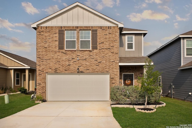12855 Cygnus, San Antonio, TX 78245 - view of front facade with board and batten siding, brick siding, a garage, concrete driveway, and a front lawn
