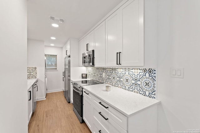 2718 Old Field Dr Unit 101, San Antonio, TX 78247 - kitchen with stainless steel appliances, white cabinets, tasteful backsplash, light wood-style floors, and recessed lighting