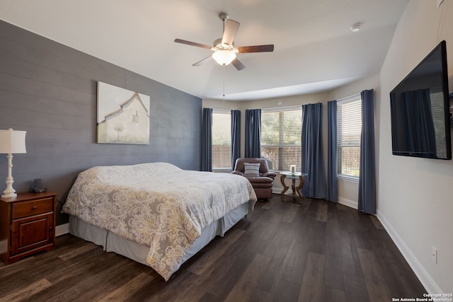2415 Olive Way, San Antonio, TX 78259 - bedroom featuring dark wood-style floors, baseboards, and ceiling fan