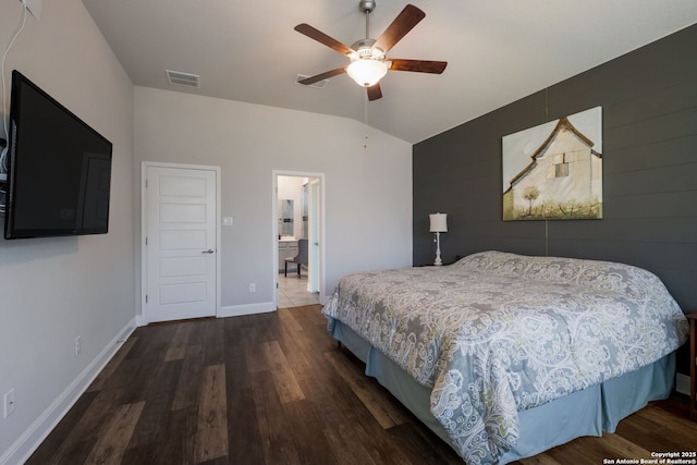 2415 Olive Way, San Antonio, TX 78259 - bedroom with wood finished floors, baseboards, lofted ceiling, a ceiling fan, and connected bathroom