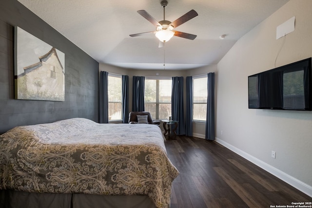 2415 Olive Way, San Antonio, TX 78259 - bedroom featuring baseboards, lofted ceiling, wood finished floors, and ceiling fan