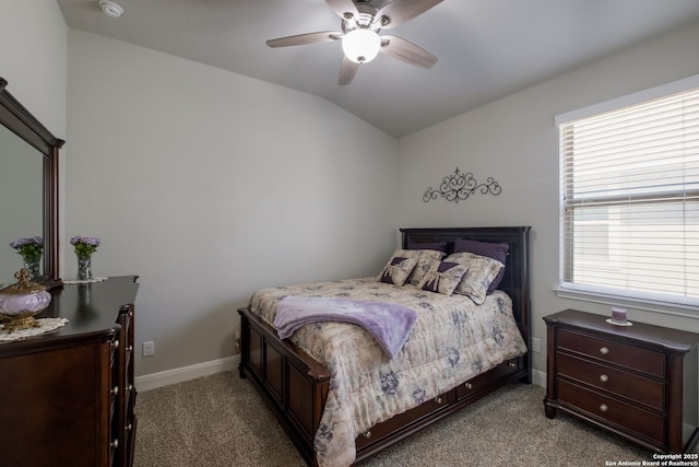 2415 Olive Way, San Antonio, TX 78259 - bedroom featuring carpet floors, lofted ceiling, baseboards, and ceiling fan