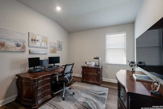 2415 Olive Way, San Antonio, TX 78259 - office featuring wood finished floors, vaulted ceiling, and baseboards