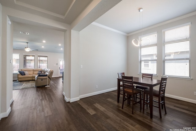 2415 Olive Way, San Antonio, TX 78259 - dining space featuring dark wood finished floors, baseboards, ceiling fan, recessed lighting, and ornamental molding