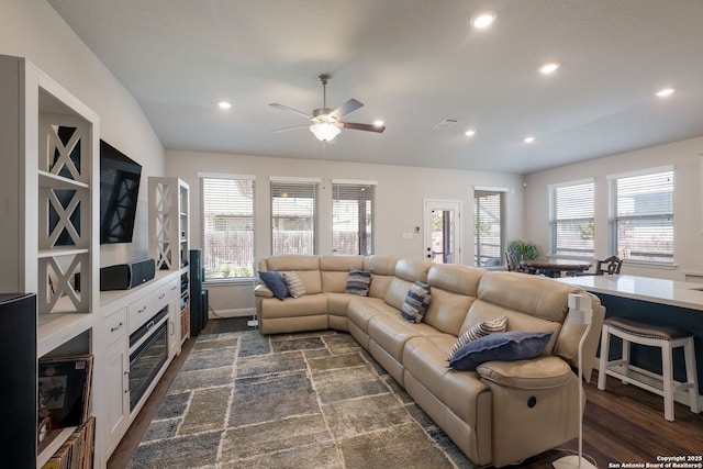 2415 Olive Way, San Antonio, TX 78259 - living area with plenty of natural light, ceiling fan, recessed lighting, and dark wood finished floors