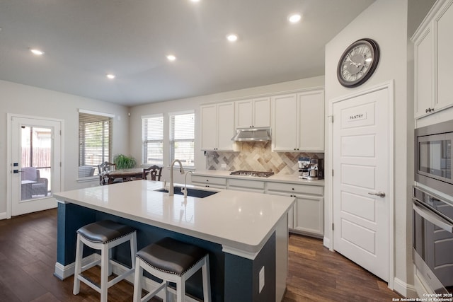 2415 Olive Way, San Antonio, TX 78259 - kitchen featuring a sink, appliances with stainless steel finishes, decorative backsplash, dark wood-style floors, and recessed lighting
