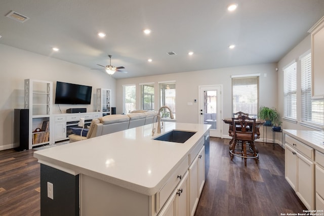 2415 Olive Way, San Antonio, TX 78259 - kitchen featuring a sink, dark wood-style flooring, light countertops, a ceiling fan, and recessed lighting