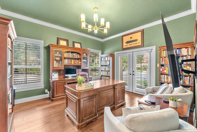 1015 Campanile, San Antonio, TX 78258 - home office featuring a chandelier, ornamental molding, light wood-style floors, french doors, and a textured ceiling