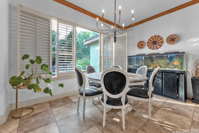 1015 Campanile, San Antonio, TX 78258 - tiled dining space with crown molding, a chandelier, and baseboards