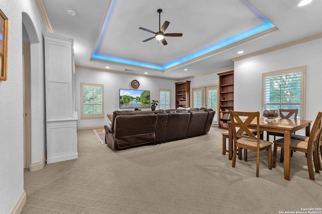 1015 Campanile, San Antonio, TX 78258 - cinema featuring a tray ceiling, a ceiling fan, light colored carpet, recessed lighting, and baseboards