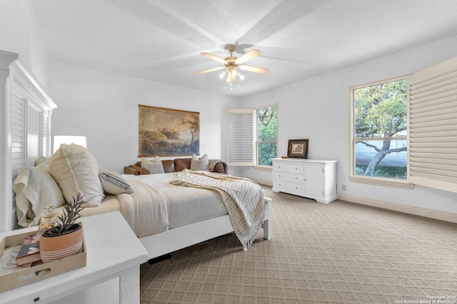 1015 Campanile, San Antonio, TX 78258 - bedroom with multiple windows, light colored carpet, a ceiling fan, and baseboards
