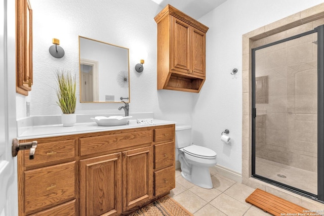 1015 Campanile, San Antonio, TX 78258 - bathroom featuring vanity, toilet, a shower stall, and tile patterned flooring