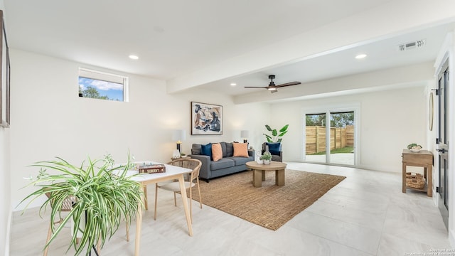 3140 Westview Dr, Canyon Lake, TX 78133 - living area featuring recessed lighting, beam ceiling, and a ceiling fan