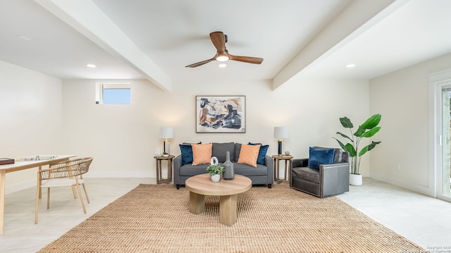 3140 Westview Dr, Canyon Lake, TX 78133 - living room featuring beam ceiling, a ceiling fan, baseboards, and recessed lighting