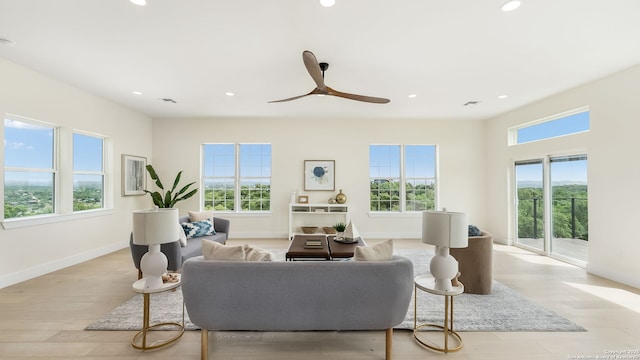 3140 Westview Dr, Canyon Lake, TX 78133 - living area with recessed lighting, light wood-style flooring, a ceiling fan, and baseboards