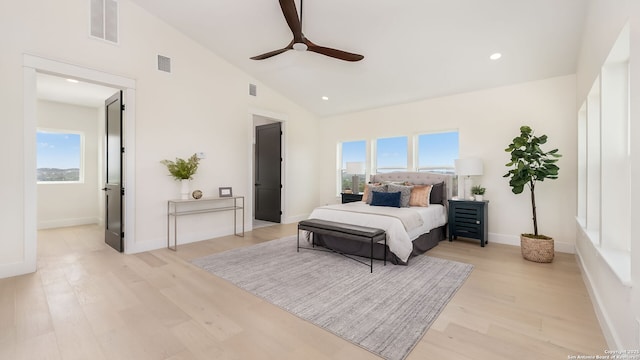 3140 Westview Dr, Canyon Lake, TX 78133 - bedroom featuring light wood-style floors, recessed lighting, ceiling fan, baseboards, and high vaulted ceiling