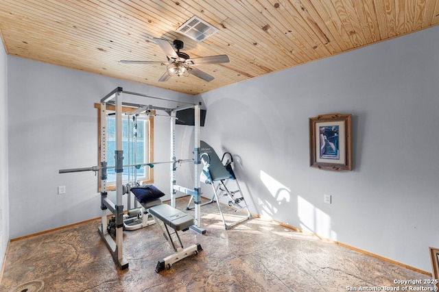 231 Doris Dr, Kerrville, TX 78028 - workout area with wood ceiling, ceiling fan, and baseboards