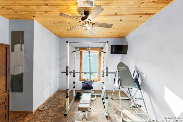 231 Doris Dr, Kerrville, TX 78028 - workout area with wood ceiling, baseboards, ceiling fan, and electric panel