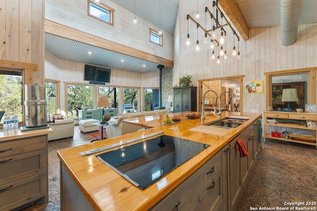 231 Doris Dr, Kerrville, TX 78028 - kitchen featuring butcher block counters, open floor plan, a sink, a towering ceiling, and black electric cooktop