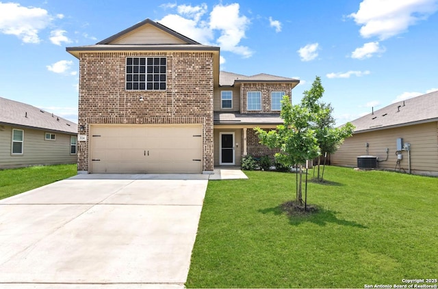 324 Washita Riv, Cibolo, TX 78108 - traditional-style home featuring brick siding, a garage, concrete driveway, a front yard, and central air condition unit