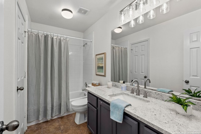 18719 Needle Rock, San Antonio, TX 78258 - bathroom featuring vanity, toilet, shower / bath combo with shower curtain, and tile patterned flooring