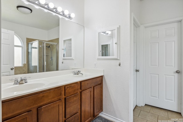 13508 Ashmont, Live Oak, TX 78233 - bathroom featuring a shower stall, double vanity, and tile patterned floors