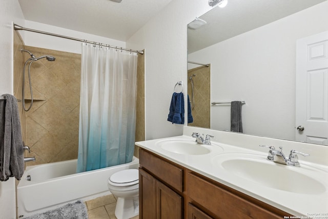13508 Ashmont, Live Oak, TX 78233 - full bathroom featuring shower / bath combination with curtain, toilet, double vanity, and tile patterned floors
