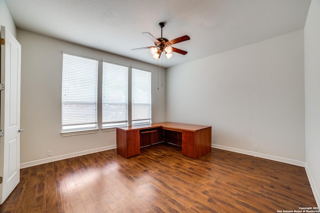 12406 Prince Solms, San Antonio, TX 78253 - unfurnished office with ceiling fan, baseboards, and dark wood finished floors