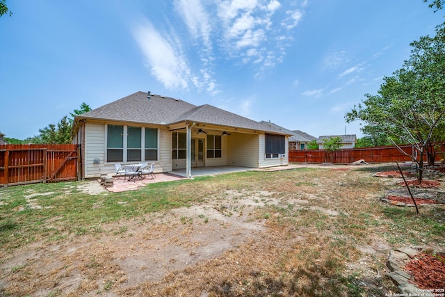 12406 Prince Solms, San Antonio, TX 78253 - rear view of property featuring ceiling fan, a fenced backyard, a patio, and a shingled roof