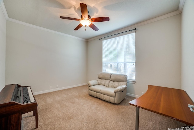 12406 Prince Solms, San Antonio, TX 78253 - sitting room featuring ceiling fan, carpet flooring, crown molding, and baseboards