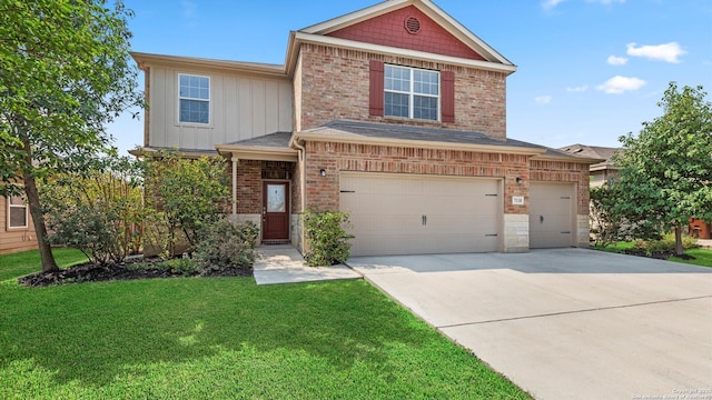 7110 Marina Del Rey, Converse, TX 78109 - view of front of property featuring a front yard, concrete driveway, brick siding, an attached garage, and board and batten siding