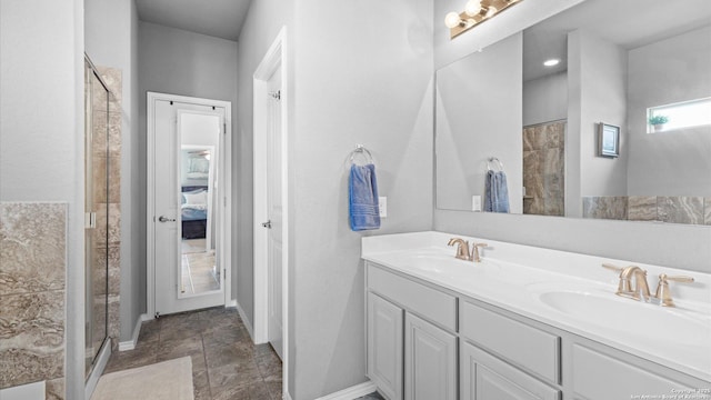 7110 Marina Del Rey, Converse, TX 78109 - bathroom featuring a stall shower, double vanity, and baseboards