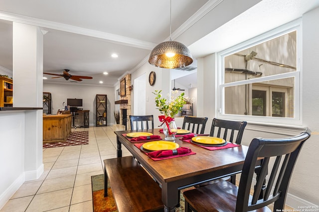 1946 Encino Belle, San Antonio, TX 78259 - dining room featuring light tile patterned flooring, crown molding, ceiling fan, baseboards, and recessed lighting