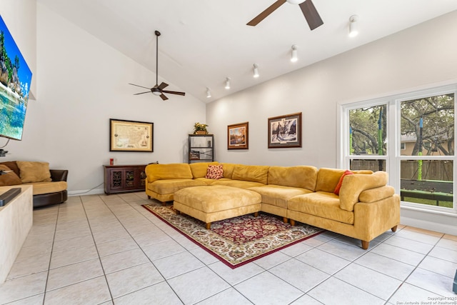 1946 Encino Belle, San Antonio, TX 78259 - living room with ceiling fan, light tile patterned flooring, healthy amount of natural light, and vaulted ceiling