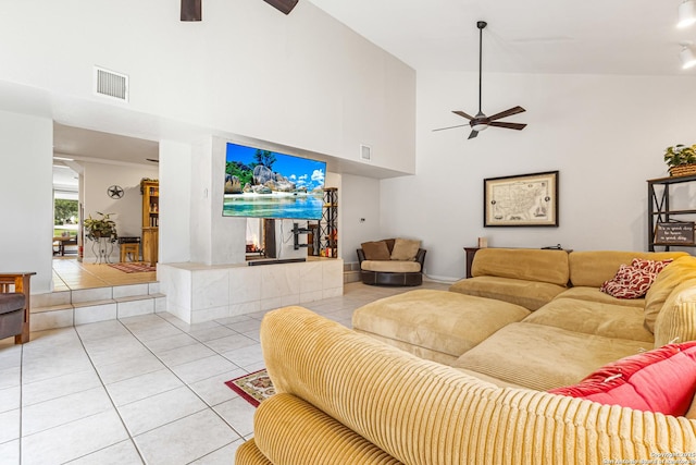 1946 Encino Belle, San Antonio, TX 78259 - living room featuring ceiling fan, light tile patterned flooring, and high vaulted ceiling