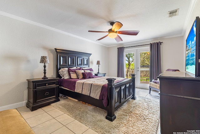 1946 Encino Belle, San Antonio, TX 78259 - bedroom with light tile patterned flooring, access to exterior, crown molding, baseboards, and ceiling fan