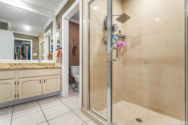 1946 Encino Belle, San Antonio, TX 78259 - bathroom featuring crown molding, a shower stall, vanity, toilet, and tile patterned flooring