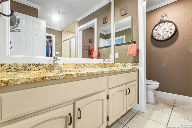 1946 Encino Belle, San Antonio, TX 78259 - full bath featuring double vanity, tile patterned floors, toilet, a shower stall, and ornamental molding