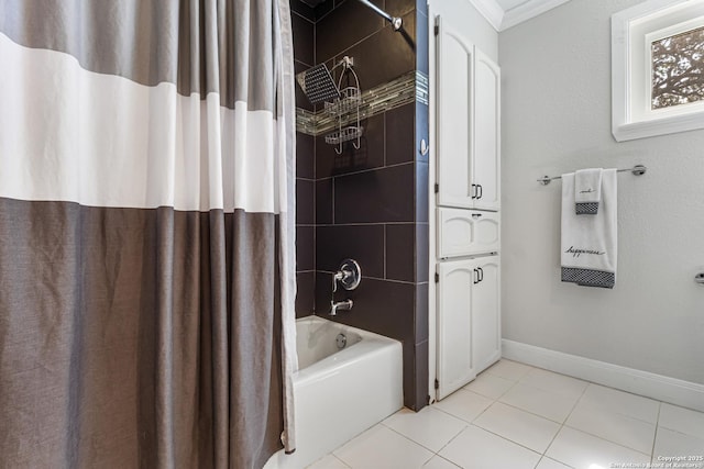 1946 Encino Belle, San Antonio, TX 78259 - bathroom featuring shower / bath combo, baseboards, tile patterned floors, and ornamental molding