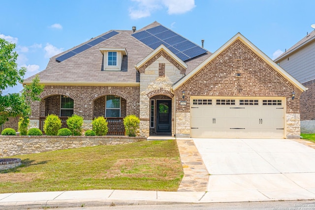 12827 Sabinal Riv, San Antonio, TX 78253 - french country style house with stone siding, a garage, a front yard, and a shingled roof