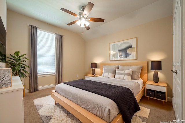 12827 Sabinal Riv, San Antonio, TX 78253 - bedroom with baseboards, light carpet, a ceiling fan, and lofted ceiling