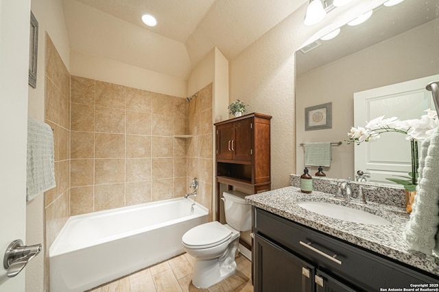 12827 Sabinal Riv, San Antonio, TX 78253 - full bath featuring toilet, wood finished floors, vanity, shower / bathtub combination, and a textured wall