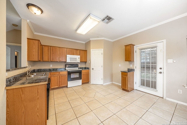 20519 View Mdw, San Antonio, TX 78258 - kitchen featuring electric range oven, white microwave, a sink, brown cabinetry, and crown molding