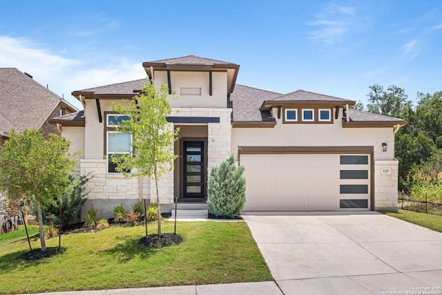 529 Huntwick, Boerne, TX 78006 - view of front facade featuring stone siding, stucco siding, a front lawn, concrete driveway, and an attached garage