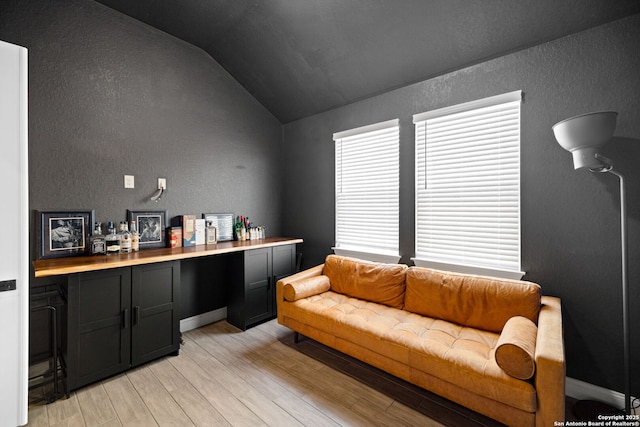 529 Huntwick, Boerne, TX 78006 - office with lofted ceiling, light wood-style flooring, and a textured wall