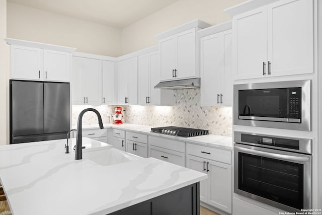 529 Huntwick, Boerne, TX 78006 - kitchen with appliances with stainless steel finishes, under cabinet range hood, a sink, and white cabinetry