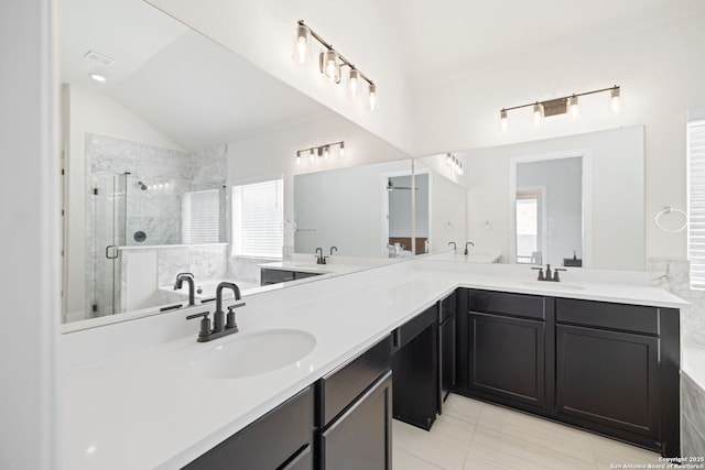 529 Huntwick, Boerne, TX 78006 - full bath featuring lofted ceiling, a stall shower, double vanity, a tub, and tile patterned flooring