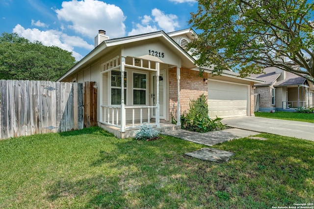 12215 Ridge Smt, San Antonio, TX 78247 - view of front facade with brick siding, an attached garage, concrete driveway, and a chimney