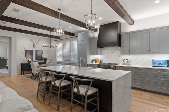 312 Frey, Boerne, TX 78006 - kitchen featuring premium range hood, gray cabinetry, a chandelier, a sink, and beam ceiling