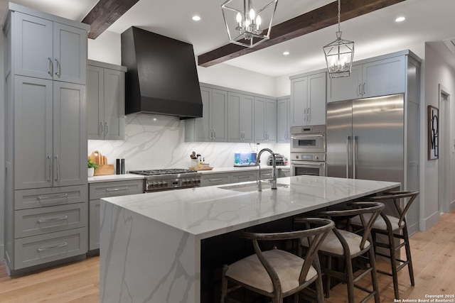 312 Frey, Boerne, TX 78006 - kitchen featuring wall chimney range hood, gray cabinetry, beam ceiling, a sink, and light stone countertops